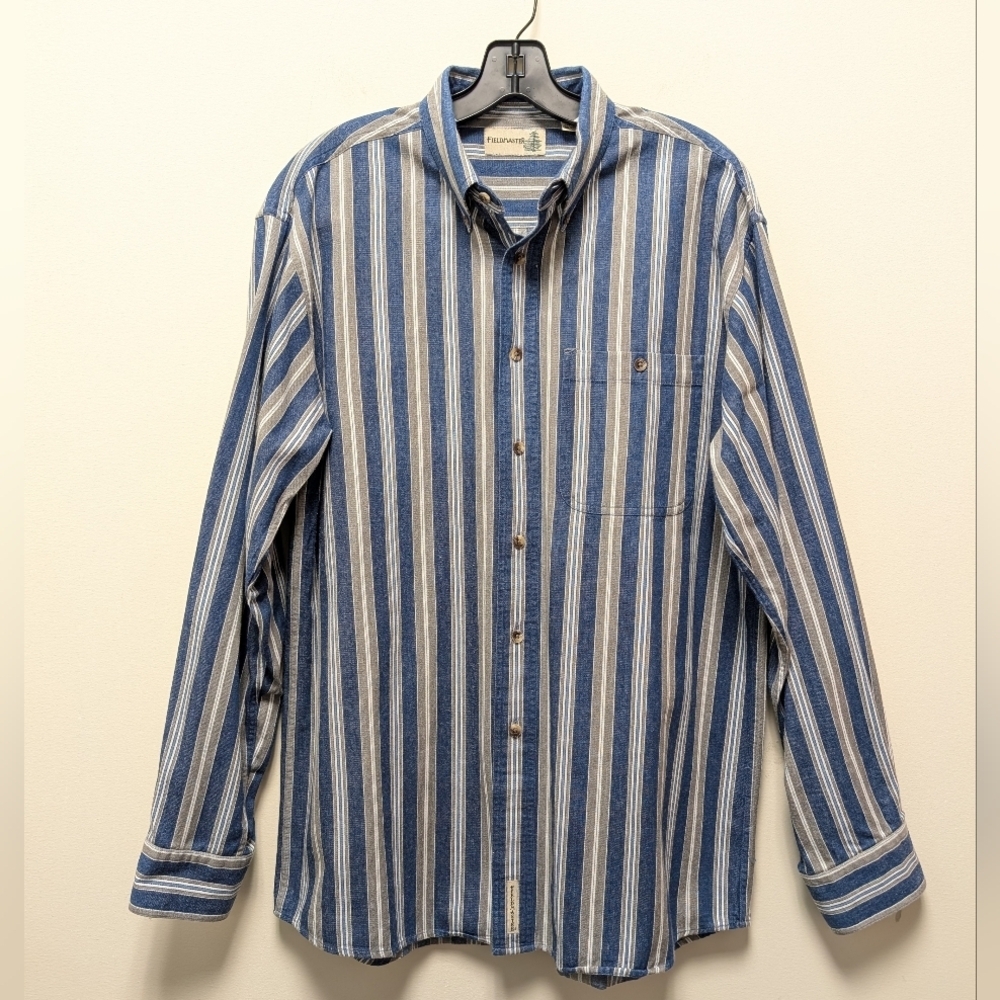 Fieldmaster Vintage Blue White and Tan Denim Striped Button Down Shirt Men's M - Picture 2 of 12